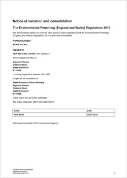 JBR Environmental Permit issued by the Environment Agency.