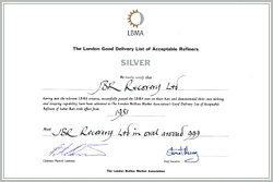 Certificate - JBR accepted into the London Good Delivery List of Acceptable Silver Refiners.